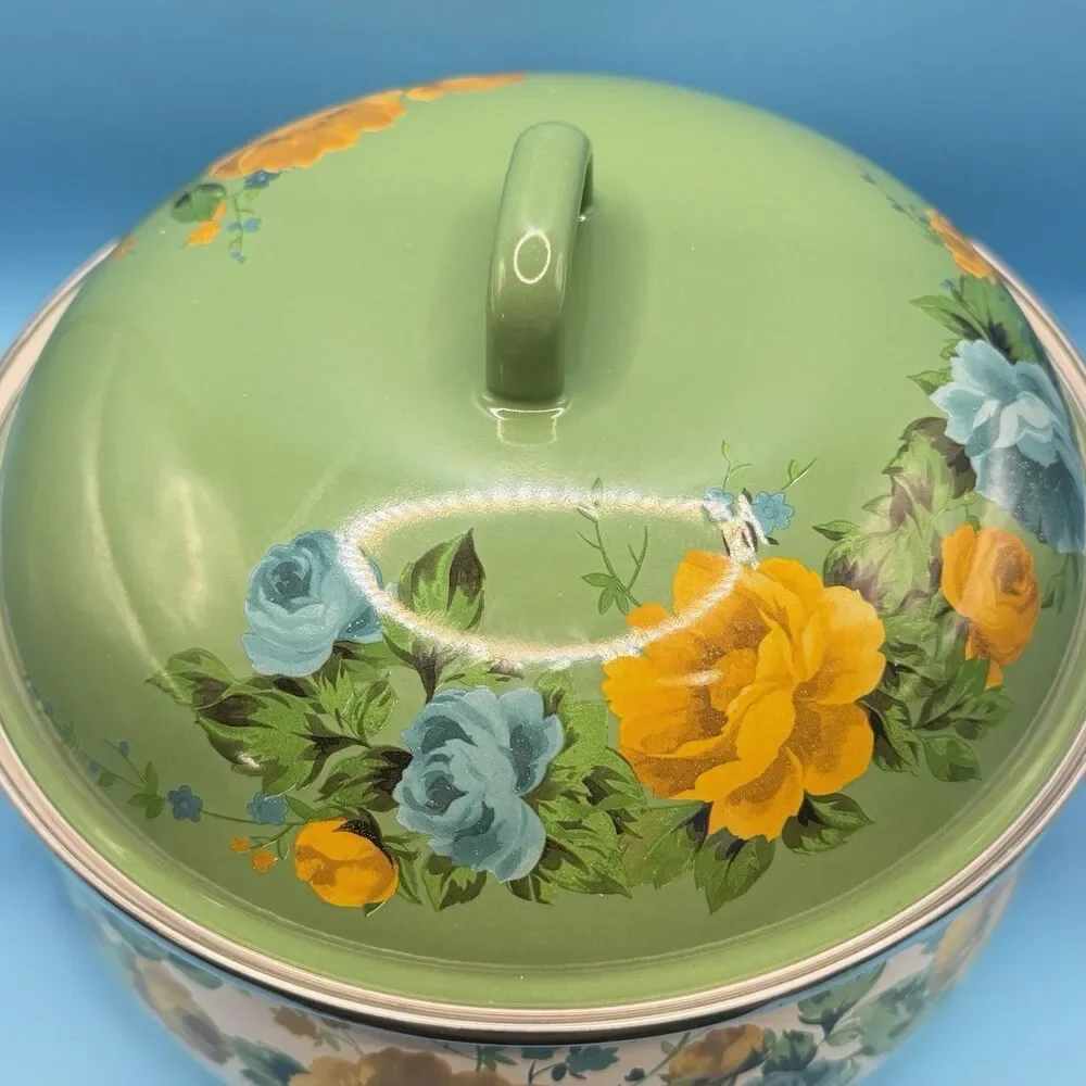 Pioneer Woman Floral Enamel Casserole Pot w Lid Green Blue Yellow Roses 2813JOC